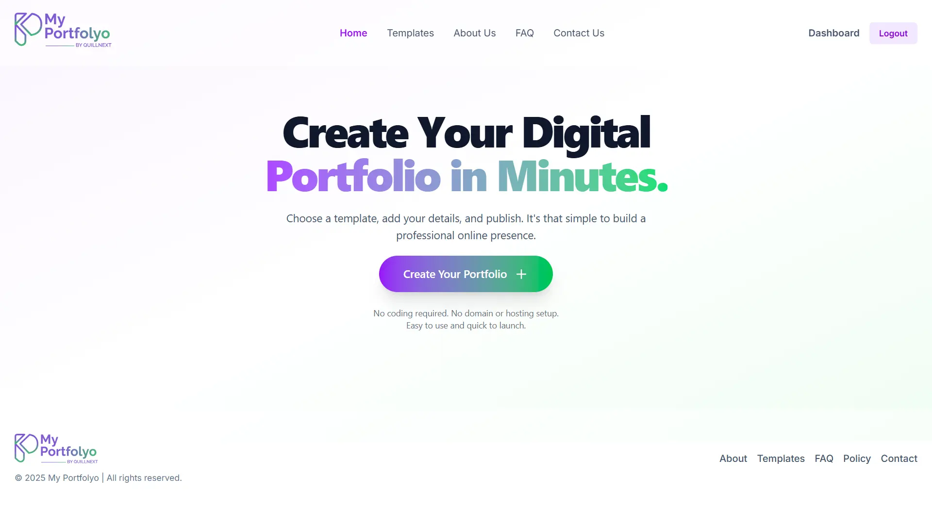 Screen layout of QuillNext custom project: My Portfolyo